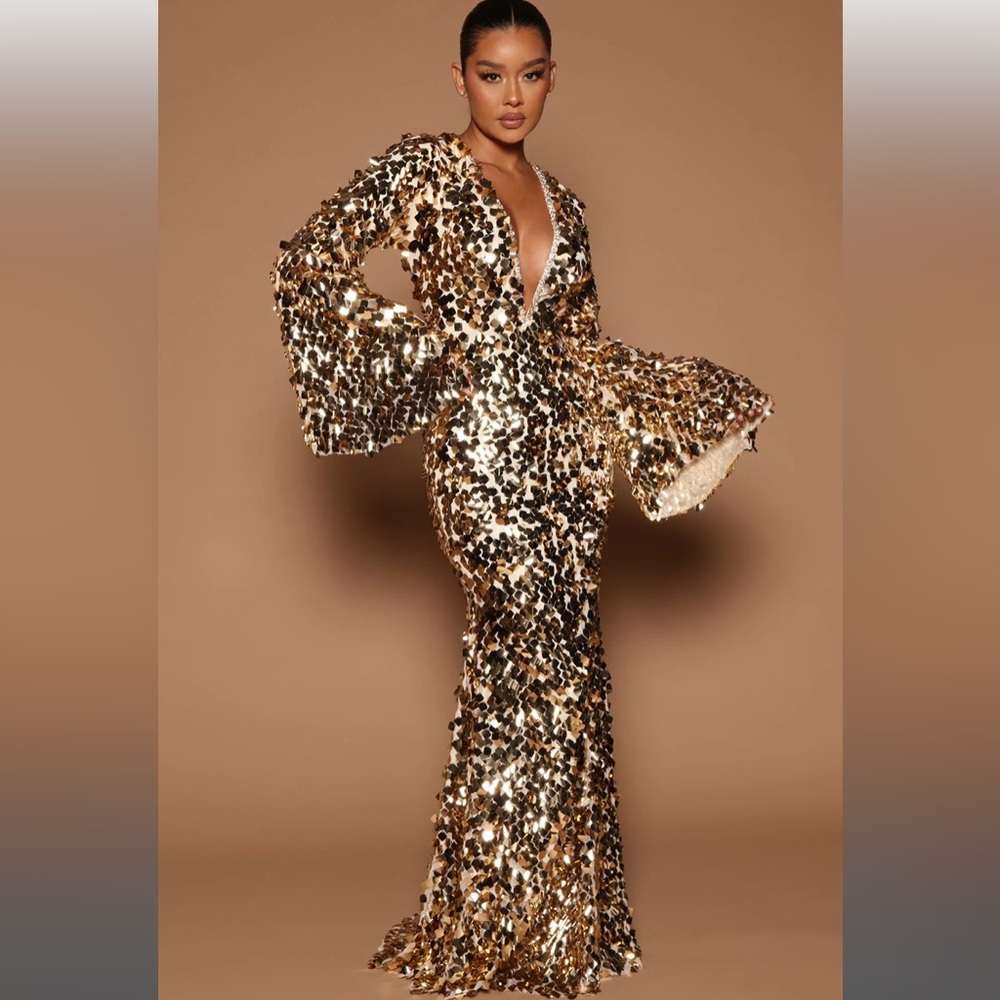 Delani sequin maxi gown in gold from fashionnova luxe